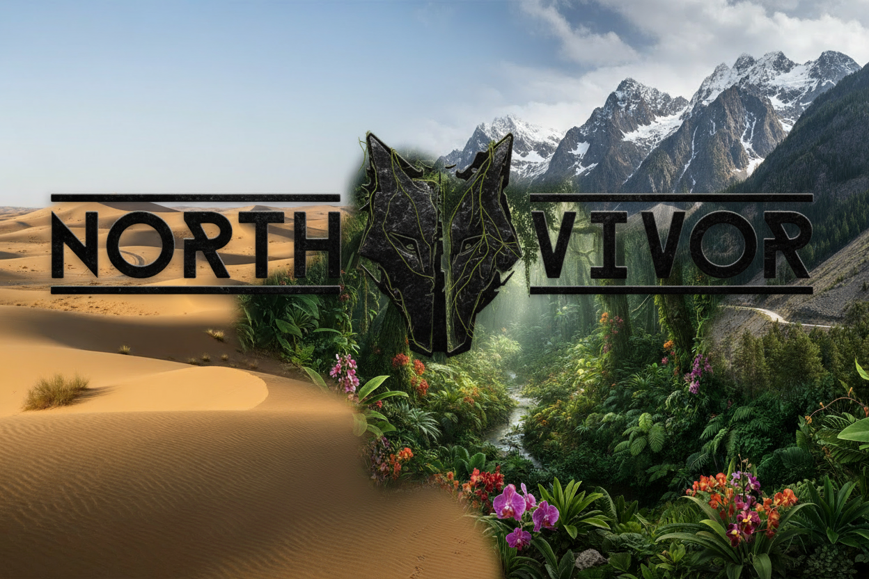 Banner Northvivor 4K mostrando los tres terrenos de entrenamiento: montañas, desierto y selva para guerreros modernos