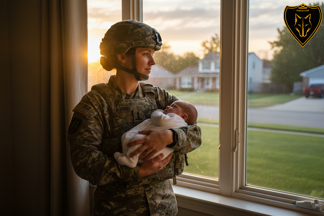 Mujer militar estadounidense con bebé observando amanecer desde casa - maternidad y servicio