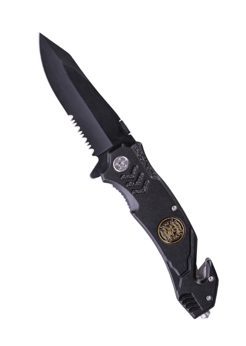 Cuchillo Plegable Fire Brigade – Acero Inoxidable 440A con Cortacinturón y Punta de Emergencia