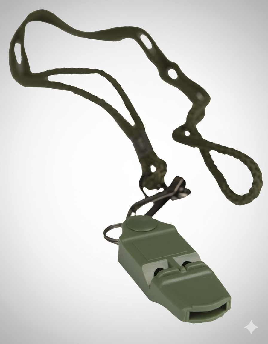 Silbato táctico “No Ball Whistle” color oliva – señal de emergencia militar