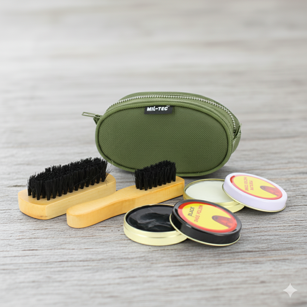 Mil-Tec Kit de Limpieza para Zapatos Verde Oliva – Set Completo Portátil con Cepillos, Betún y Bolsa de Transporte